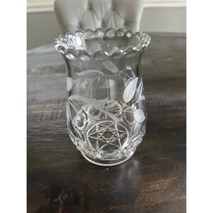 Etched Glass Hurricane Candle Holder Scalloped Rim Starburst Base Clear